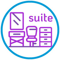 A circular icon with a blue outline features purple line drawings of a vanity, mirror, cushioned chair, and dresser. Beside the furniture illustrations, suite appears in purple text alongside the Aerovex Systems logo. Read more at Aerovex Systems (aerovexsystems.com)
