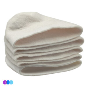 A 5 Pack of Sunflower II Type 3 Filters is displayed on a plain white background. The thick, felt-like pads have rounded edges and plush indentations. Three colored dots appear in the lower left corner. Read more at Aerovex Systems (aerovexsystems.com)