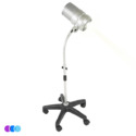 A silver Aerovex Systems Sunflower II LED Nail Dust Collector with, adjustable metal stand and a flexible neck. The base is black, star-shaped, and has five wheels for mobility. The background is plain white. Three colored circles (purple, blue, light blue) are in the bottom left corner. Read more at Aerovex Systems (aerovexsystems.com)