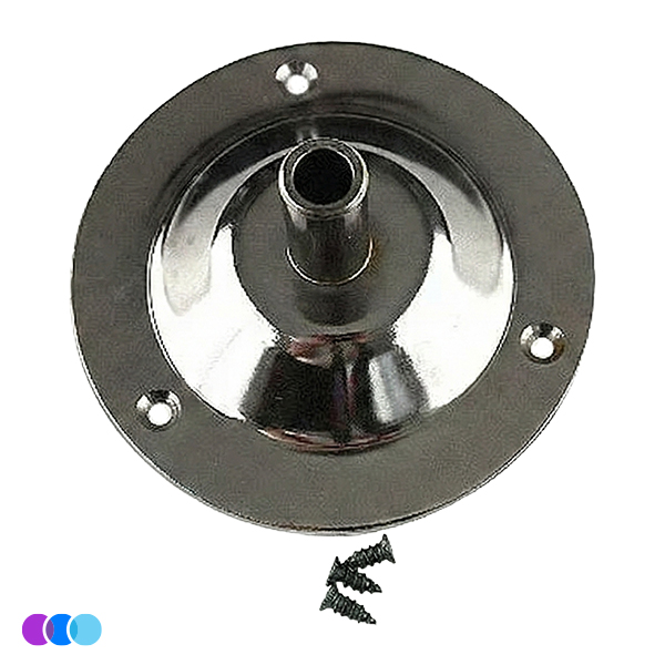 A shiny, circular metal mounting bracket for the Sunflower II Nail Dust Collector with a central cylindrical opening and four surrounding screw holes. Four black screws are displayed in front of the bracket on a white background. Read more at Aerovex Systems (aerovexsystems.com)