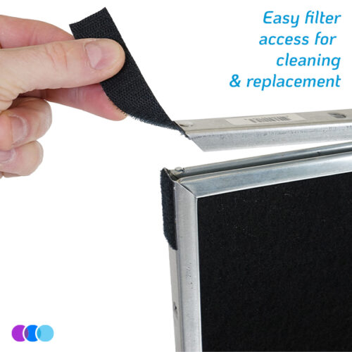 aerovex-dust-plus-easy-filter-access A hand peels back a Velcro strip from the metal edge of an Aerovex Dust Plus vent filter housing. Blue text reads, “Easy filter access for cleaning & replacement.” Three small colored circles are in the bottom left corner on a white background. Read more at Aerovex Systems (aerovexsystems.com)