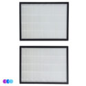 Two rectangular white Aerovex Max air filters with black frames, positioned one above the other on a white background. Both filters feature evenly spaced vertical ridges. In the bottom left corner, there are three small overlapping circles in purple, blue, and cyan. Read more at Aerovex Systems (aerovexsystems.com)