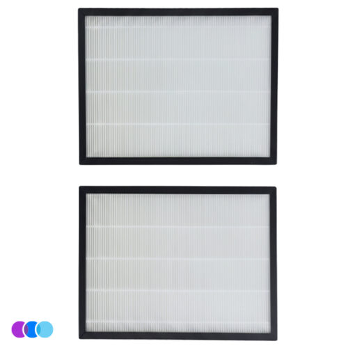 aerovex-max-wall-mount-air-purifier-filter-set Two rectangular white Aerovex Max air filters with black frames, positioned one above the other on a white background. Both filters feature evenly spaced vertical ridges. In the bottom left corner, there are three small overlapping circles in purple, blue, and cyan. Read more at Aerovex Systems (aerovexsystems.com)