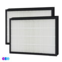 Two rectangular Aerovex Max air filters with black frames and tightly packed white pleated material are shown overlapping. The filters are clean and unused, standing against a plain white background, with three small color swatches (purple, blue, cyan) in the lower left corner. Read more at Aerovex Systems (aerovexsystems.com)