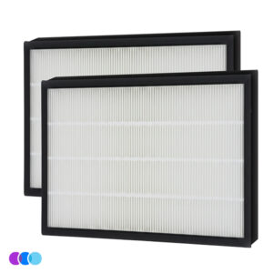 Two rectangular Aerovex Max air filters with black frames and tightly packed white pleated material are shown overlapping. The filters are clean and unused, standing against a plain white background, with three small color swatches (purple, blue, cyan) in the lower left corner. Read more at Aerovex Systems (aerovexsystems.com)