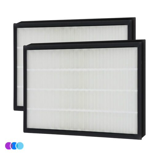 aerovex-max-wall-mount-air-purifier-filter-set-stacked Two rectangular Aerovex Max air filters with black frames and tightly packed white pleated material are shown overlapping. The filters are clean and unused, standing against a plain white background, with three small color swatches (purple, blue, cyan) in the lower left corner. Read more at Aerovex Systems (aerovexsystems.com)