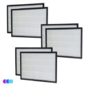 Three sets of Two Aerovex Max air filters with white pleated surfaces and black frames are arranged in staggered rows against a white background. Three small overlapping circles in purple, blue, and light blue appear in the lower left corner. Read more at Aerovex Systems (aerovexsystems.com)
