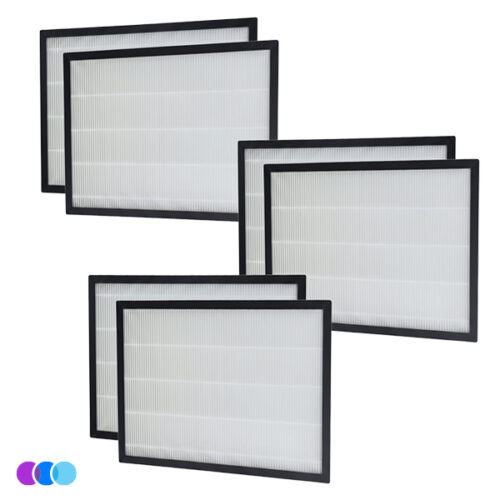Three sets of Two Aerovex Max air filters with white pleated surfaces and black frames are arranged in staggered rows against a white background. Three small overlapping circles in purple, blue, and light blue appear in the lower left corner. Read more at Aerovex Systems (aerovexsystems.com)