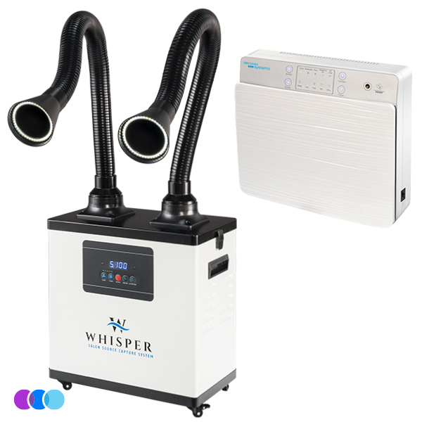 Two white air filtration devices are shown: one has two flexible black hoses with circular openings, a digital display, and wheels; the other is a rectangular wall-mounted unit with control buttons and indicator lights. Both feature sleek, modern designs. Read more at Aerovex Systems (aerovexsystems.com)
