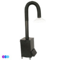 A black Aerovex Original Salon Source Capture System air filtration unit with a flexible hose and a wide, conical suction hood at the top. The main body is rectangular on wheels for mobility, and the hose arcs upward and then downward, ending in the hood. The background is plain white. Read more at Aerovex Systems (aerovexsystems.com)
