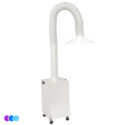A white Aerovex Original Salon Source Capture System air filtration unit with a flexible hose and a wide, conical suction hood at the top. The main body is rectangular on wheels for mobility, and the hose arcs upward and then downward, ending in the hood. The background is plain white. Read more at Aerovex Systems (aerovexsystems.com)