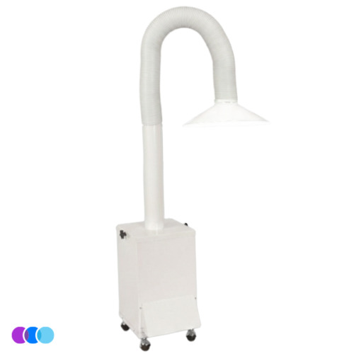 A white Aerovex Original Salon Source Capture System air filtration unit with a flexible hose and a wide, conical suction hood at the top. The main body is rectangular on wheels for mobility, and the hose arcs upward and then downward, ending in the hood. The background is plain white. Read more at Aerovex Systems (aerovexsystems.com)