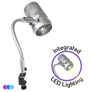 A silver Aerovex Systems Sunflower II LED Nail Dust Collector with flexible neck and desk clamp. There is an inset image of the Sunflower with the LED light on with words around it stating "Integrated LED Lighting". The background is plain white. Three colored circles (purple, blue, light blue) are in the bottom left corner. Read more at Aerovex Systems (aerovexsystems.com)