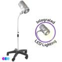 A silver Aerovex Systems Sunflower II LED with Wheeled Pedicure Stand (Sunflower II LED with Wheeled Stand for Lash Artists, ) with, adjustable metal stand and a flexible neck. The base is black, star-shaped, and has five wheels for mobility. There is an inset image of the Sunflower with the LED light on with words around it stating "Integrated LED Lighting". The background is plain white. Three colored circles (purple, blue, light blue) are in the bottom left corner. Read more at Aerovex Systems (aerovexsystems.com)