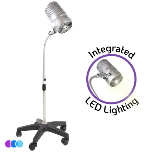 aerovex-sunflower-II-light-on-pedicure-stand-2-light-insert-face-rt A silver Aerovex Systems Sunflower II LED with Wheeled Pedicure Stand (Sunflower II LED with Wheeled Stand for Lash Artists, ) with, adjustable metal stand and a flexible neck. The base is black, star-shaped, and has five wheels for mobility. There is an inset image of the Sunflower with the LED light on with words around it stating "Integrated LED Lighting". The background is plain white. Three colored circles (purple, blue, light blue) are in the bottom left corner. Read more at Aerovex Systems (aerovexsystems.com)