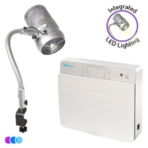 The Salon Suite Value Package features a Sunflower II Nail Dust Collector next to a white rectangular Aerovex Wall Mount Air Purifier with buttons, indicator lights, and a digital display on its top front panel, all set against a plain white background. Read more at Aerovex Systems (aerovexsystems.com)