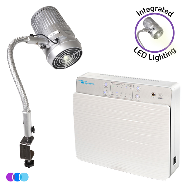 The Salon Suite Value Package features a Sunflower II Nail Dust Collector next to a white rectangular Aerovex Wall Mount Air Purifier with buttons, indicator lights, and a digital display on its top front panel, all set against a plain white background. Read more at Aerovex Systems (aerovexsystems.com)