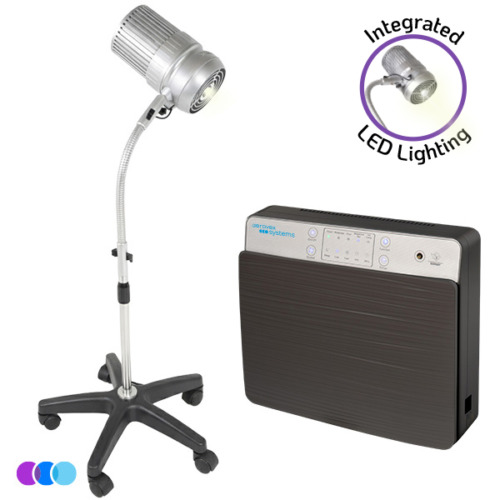 aerovex-sunflower-II-wheeled-stand-wall-mount-air-purifier-gray-lt-inset The Pedicure Pro Value Package includes a silver medical infrared heat lamp on a wheeled stand beside a sleek black and gray electronic unit with buttons and indicators on top. Three small circles—purple, blue, and teal—appear in the lower left corner. Read more at Aerovex Systems (aerovexsystems.com)