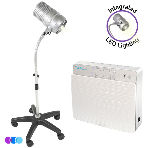 The Pedicure Pro Value Package features a silver Sunflower II LED Nail Dust Collector on a black wheeled base beside a wall-mounted white air purifier with an overhead control panel. Both products are shown on white, with blue, purple, and teal circles in the bottom left corner. Read more at Aerovex Systems (aerovexsystems.com)