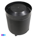 A large, cylindrical black plastic funnel with a wide opening and raised circular lid designed for The One That Works™ Salon Room Air Purifier and Purifier with PCO Technology is attached to TOTW unit, and three small colored dots in the bottom left corner. Read more at Aerovex Systems (aerovexsystems.com)