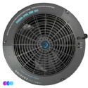 The One That Works™ Salon Room Air Purifier, shown from above in black, features a circular grille and center control knob with high/off/low fan speeds. Blue text reads "THE ONE THAT WORKS." "aerovex SYSTEMS" branding and three colored dots appear below. Read more at Aerovex Systems (aerovexsystems.com)