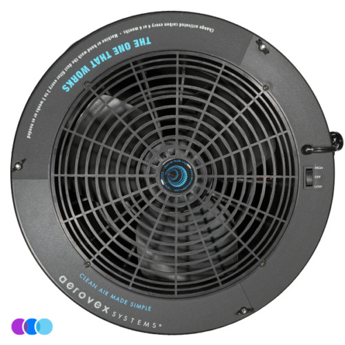 aerovex-the-one-that-works-totw-top The One That Works™ Salon Room Air Purifier, shown from above in black, features a circular grille and center control knob with high/off/low fan speeds. Blue text reads "THE ONE THAT WORKS." "aerovex SYSTEMS" branding and three colored dots appear below. Read more at Aerovex Systems (aerovexsystems.com)