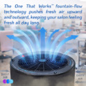 Image of the Aerovex The One That Works™ air purifier with dust and the words "dirty air" and arrows pointing into the side of the device and clean air depicted by arched blue arrows coming out of the device. The text reads "The One That Works™ fountain-flow technology pushes fresh air upward and outward keeping your salon feeling fresh all day long. In the background is a blurred view of a colorful nail salon. Read more at Aerovex Systems (aerovexsystems.com)