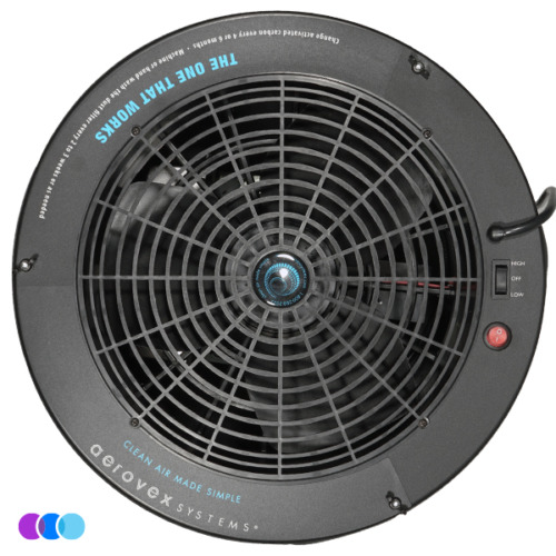 aerovex-the-one-that-works-with-pco-totw-top A top-down view of The One That Works™ Salon Room Air Purifier with PCO Technology shows its round black design, central control knob with fan speed settings (high, off, low), red power button, “The one that works” in blue text, and the Aerovex Systems logo at the bottom. Read more at Aerovex Systems (aerovexsystems.com)