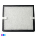 A rectangular air filter with a black plastic frame and white fibrous filter material for the Aerovex Systems Wall Mounted Air Purifier. Two white straps are attached horizontally across the filter. In the bottom left corner, there are three small overlapping circles in purple, blue, and light blue. Read more at Aerovex Systems (aerovexsystems.com)