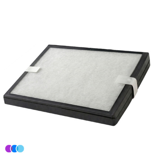 A rectangular air filter for the Aerovex Systems Wall Mounted Air Purifier with a black frame and white filter material lies on a white surface. Two white tabs are attached on opposite sides for easy removal. Three small color circles (purple, blue, light blue) are in the bottom left corner. Read more at Aerovex Systems (aerovexsystems.com)