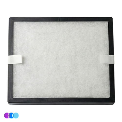 aerovex-wall-mount-air-filter-single A rectangular air filter with a black plastic frame and white fibrous filter material for the Aerovex Systems Wall Mounted Air Purifier. Two white straps are attached horizontally across the filter. In the bottom left corner, there are three small overlapping circles in purple, blue, and light blue. Read more at Aerovex Systems (aerovexsystems.com)