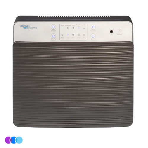 aerovex-wall-mount-air-purifier-gray A rectangular Aerovex Systems Wall Mounted Air Purifier with a wavy-textured gray lower half and a silver top panel featuring labeled buttons, indicator lights, and a circular port. The Aerovex Systems logo appears at the top left of the panel. Three small colored dots are in the lower left corner. Read more at Aerovex Systems (aerovexsystems.com)