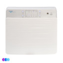A front-facing view of a white Aerovex Wall Mounted Air Purifier with a textured surface, digital control panel, buttons, and indicator lights. Three small colored circles are at the bottom left corner. Read more at Aerovex Systems (aerovexsystems.com)