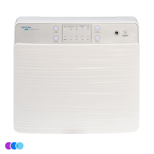 aerovex-wall-mount-air-purifier-white A front-facing view of a white Aerovex Wall Mounted Air Purifier with a textured surface, digital control panel, buttons, and indicator lights. Three small colored circles are at the bottom left corner. Read more at Aerovex Systems (aerovexsystems.com)