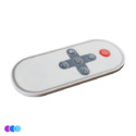 A slim, oval-shaped white remote control for the Aerovex Whisper™ and Whisper MiniVent™ source capture systems with five buttons: a large red power button, a central circular button, two fan speed buttons above and below the center, and two directional arrow buttons to the left and right. Read more at Aerovex Systems (aerovexsystems.com)