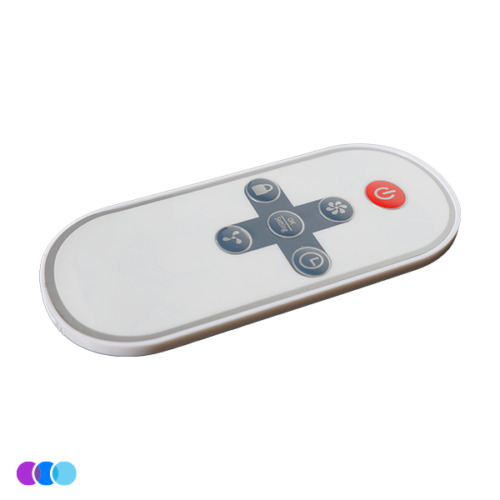 aerovex-whisper-and-minivent-remote A slim, oval-shaped white remote control for the Aerovex Whisper™ and Whisper MiniVent™ source capture systems with five buttons: a large red power button, a central circular button, two fan speed buttons above and below the center, and two directional arrow buttons to the left and right. Read more at Aerovex Systems (aerovexsystems.com)