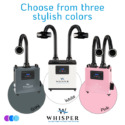 Three Aerovex Whisper™ and Whisper MiniVent™ machines in gray, white, and pink are displayed side by side. Each has flexible black suction hoses and digital screens. Text above says "Choose from three stylish colors." Color icons and the Whisper logo appear below. Read more at Aerovex Systems (aerovexsystems.com)