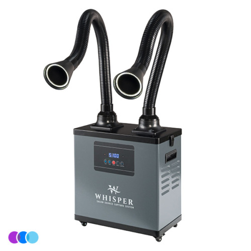 aerovex-whisper-gray-dual-recirculate-led-side A gray Aerovex Whisper™ salon source capture system with a digital display and control panel on the front. Two flexible black hoses with funnel-shaped nozzles extend upward from the top with led lights. Small wheels support the rectangular base. Three colored circles are in the bottom left corner. Read more at Aerovex Systems (aerovexsystems.com)