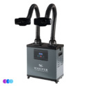 A gray Aerovex Whisper™ salon source capture system with two flexible suction arms, digital display, and control buttons on the front panel. The unit is on small wheels, with vents on the sides, and sits against a white background. Read more at Aerovex Systems (aerovexsystems.com)