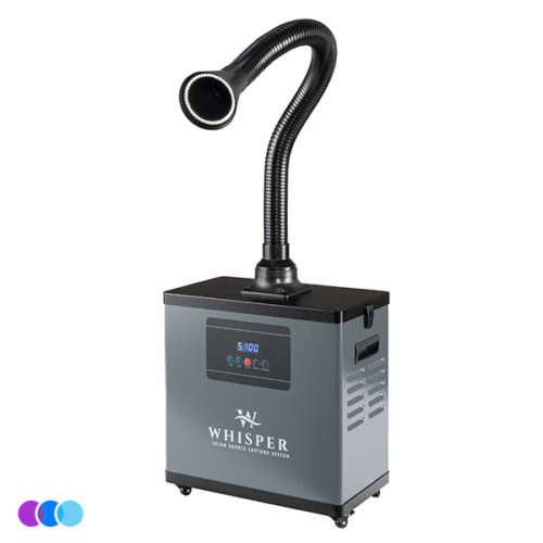 aerovex-whisper-gray-single-recirculate-led-side A gray Aerovex Whisper™ salon source capture system with a flexible black hose extending upward and curving forward with an led light. The front panel features a digital display and control buttons. The unit is on four small wheels, and the background is plain white. Read more at Aerovex Systems (aerovexsystems.com)
