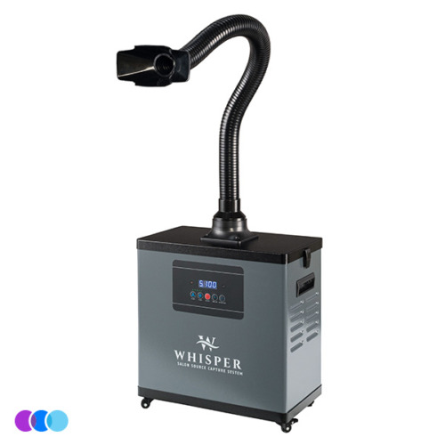 aerovex-whisper-gray-single-recirculate-side A gray Aerovex Whisper™ salon source capture system with a digital display and control buttons on the front. It features a flexible black hose ending in a wide nozzle, mounted on four small caster wheels for mobility. Read more at Aerovex Systems (aerovexsystems.com)