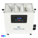 A rectangular Aerovex Systems white Whisper MiniVent™ Salon Source Capture System featuring a digital display, several control buttons, vent-to-outside air outlet, and visible particle filter panel inside the top opening. The device is on small caster wheels. Read more at Aerovex Systems (aerovexsystems.com)
