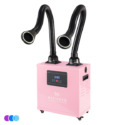 A pink Aerovex Whisper™ salon source capture system with two flexible black arms, each ending in a wide nozzle with led light. The control panel with digital display and buttons is on the front. The unit stands on four wheels for mobility. Three colored dots are in the bottom left corner. Read more at Aerovex Systems (aerovexsystems.com)
