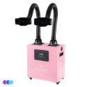 A pink Aerovex Whisper™ salon source capture system with control buttons and display on the front. Two flexible black hoses extend upward and outward, each ending in a rectangular nozzle. The unit sits on four small wheels for mobility. Read more at Aerovex Systems (aerovexsystems.com)