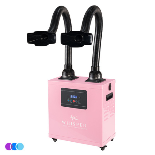 aerovex-whisper-pink-dual-recirculate-side A pink Aerovex Whisper™ salon source capture system with control buttons and display on the front. Two flexible black hoses extend upward and outward, each ending in a rectangular nozzle. The unit sits on four small wheels for mobility. Read more at Aerovex Systems (aerovexsystems.com)
