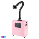 A pink Aerovex Whisper™ salon source capture system with a digital display, control buttons, and a flexible black suction hose extending upwards with an led light. The machine is labeled "WHISPER" and has small wheels for mobility, set against a white background. Read more at Aerovex Systems (aerovexsystems.com)