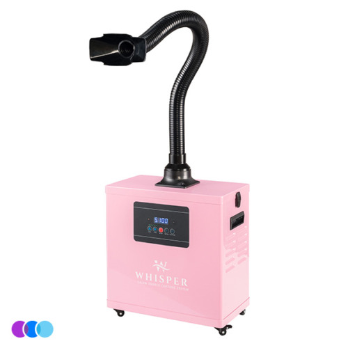 aerovex-whisper-pink-single-recirculate-side A pink Aerovex Whisper™ salon source capture system with a flexible black hose and nozzle attachment, digital control panel, and wheels at the base for mobility. The device has ventilation slits on the side and a sleek rectangular design. Three colored dots are in the bottom left corner. Read more at Aerovex Systems (aerovexsystems.com)