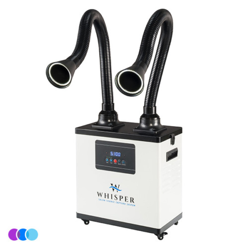 A white Aerovex Whisper™ Nail Salon Source Capture System | Dual Station with digital control panel, and two flexible black suction arms with led lighting extending upward, ending in circular nozzles; the unit has wheels for mobility. Read more at Aerovex Systems (aerovexsystems.com)