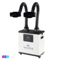 A white Aerovex Whisper™ salon source capture system with two flexible black hoses and rectangular vents, digital display, control buttons, and wheels at the base for mobility. The background is plain white. Read more at Aerovex Systems (aerovexsystems.com)