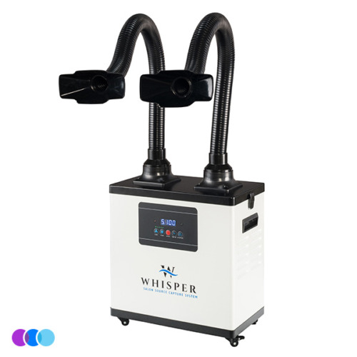 aerovex-whisper-white-dual-recirculate-side A white Aerovex Whisper™ salon source capture system with two flexible black hoses and rectangular vents, digital display, control buttons, and wheels at the base for mobility. The background is plain white. Read more at Aerovex Systems (aerovexsystems.com)